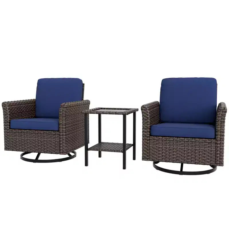 EAGLE PEAK Ocean Vista 3 Piece Outdoor Wicker Bistro Set, Variated Wicker Conversation Swivel Chair Set with Side Table