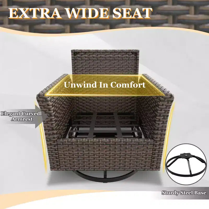 EAGLE PEAK Ocean Vista 3 Piece Outdoor Wicker Bistro Set, Variated Wicker Conversation Swivel Chair Set with Side Table