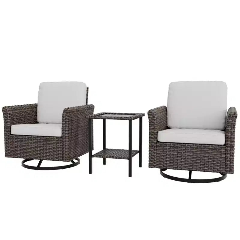 EAGLE PEAK Ocean Vista 3 Piece Outdoor Wicker Bistro Set, Variated Wicker Conversation Swivel Chair Set with Side Table