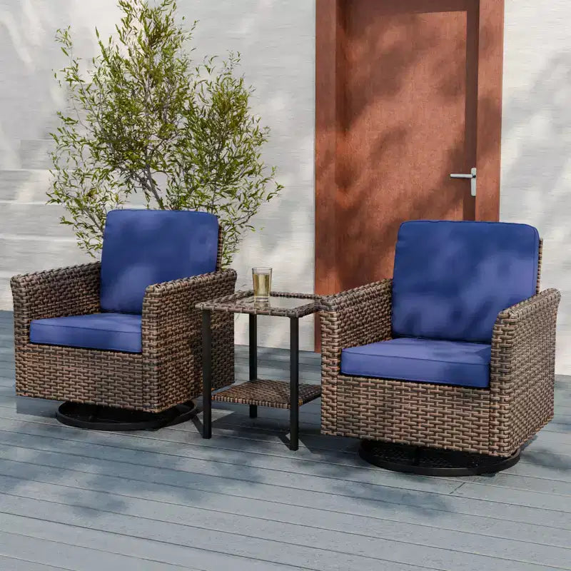 EAGLE PEAK Ocean Vista 3 Piece Outdoor Wicker Bistro Set, Variated Wicker Conversation Swivel Chair Set with Side Table