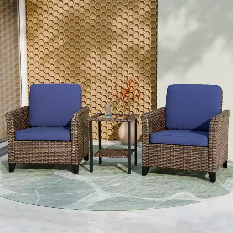 EAGLE PEAK Ocean Vista 3 Piece Outdoor Wicker Bistro Set, Variated Wicker Conversation Dining Chair Set with Side Table
