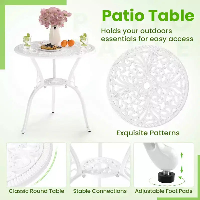 Costway 3 PCS Patio Bistro Set with Umbrella Holes Outdoor Bistro Set for Front Porch White/Green