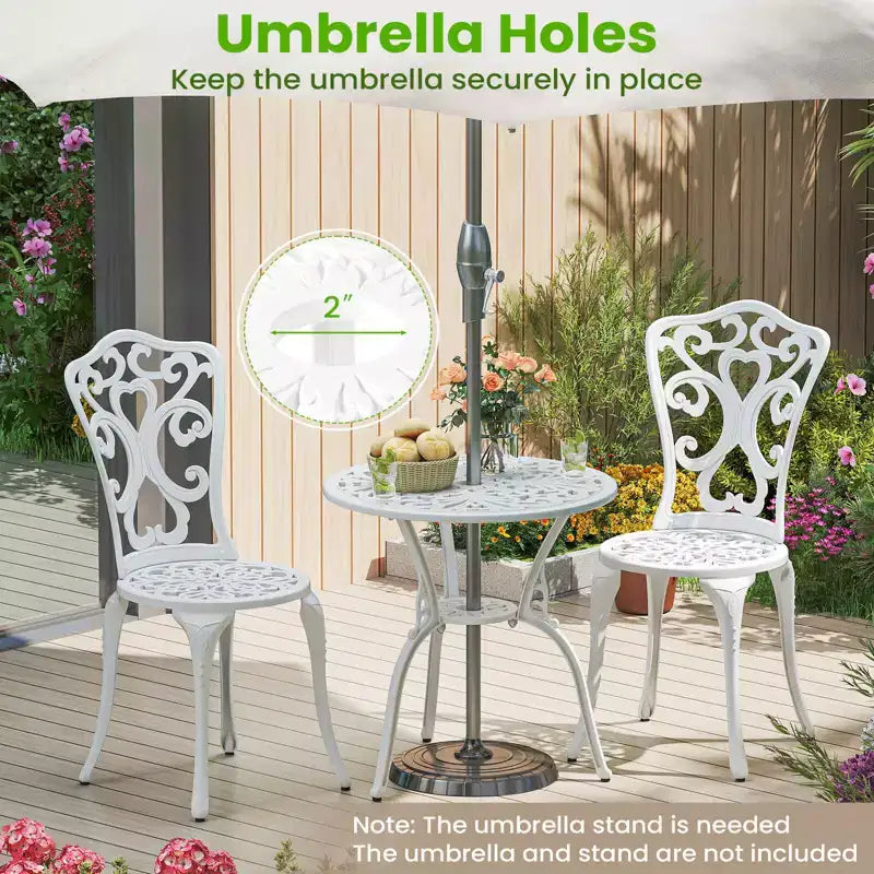 Costway 3 PCS Patio Bistro Set with Umbrella Holes Outdoor Bistro Set for Front Porch White/Green
