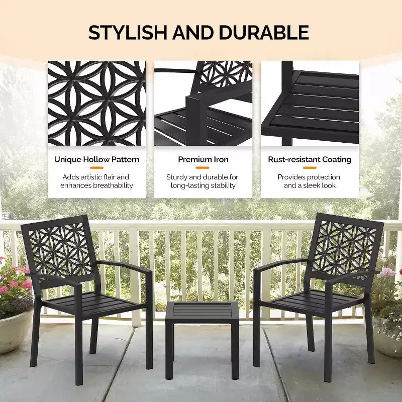 VINGLI 3-Piece Outdoor Bistro Set, Stackable Metal Table & Chairs with Rust-Resistant Coating, Black