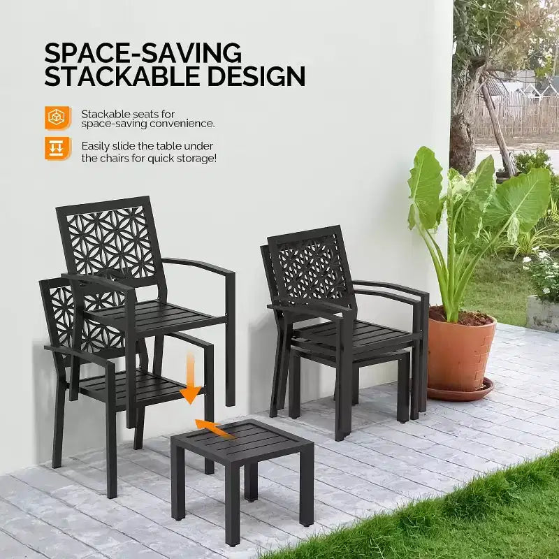 VINGLI 3-Piece Outdoor Bistro Set, Stackable Metal Table & Chairs with Rust-Resistant Coating, Black