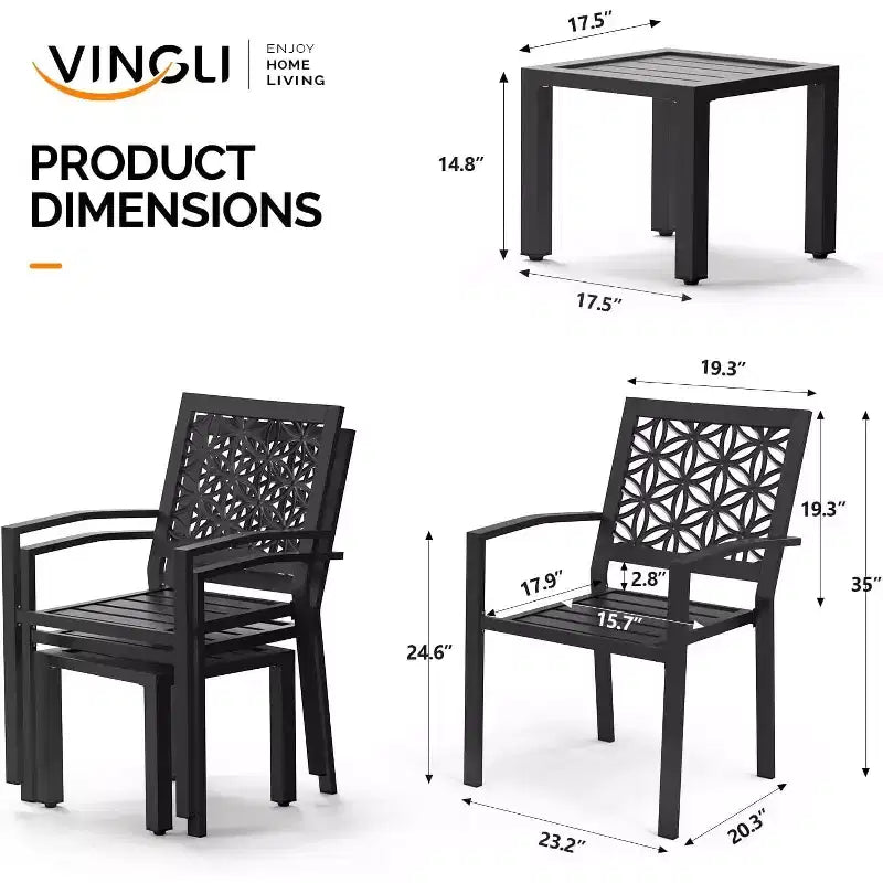 VINGLI 3-Piece Outdoor Bistro Set, Stackable Metal Table & Chairs with Rust-Resistant Coating, Black