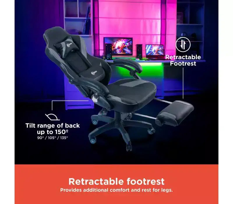 RadioShack Gaming Chair Black And Gray, Ergonomic Racing-Style Chair With Adjustable Height, Footrest, Lumbar Support, And Comfortable Padding