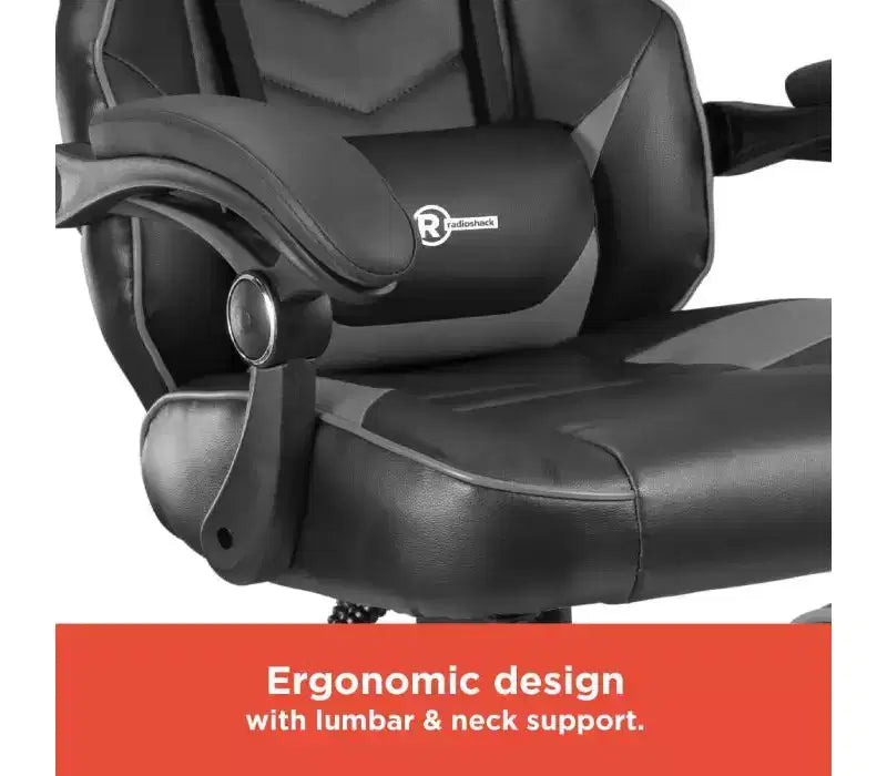 RadioShack Gaming Chair Black And Gray, Ergonomic Racing-Style Chair With Adjustable Height, Footrest, Lumbar Support, And Comfortable Padding