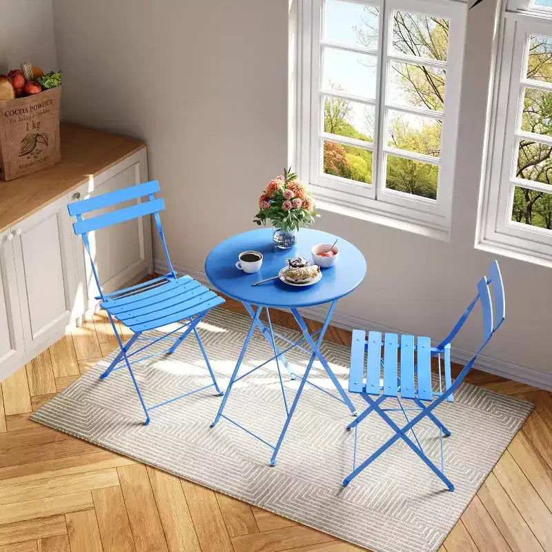 3-Piece Patio Bistro Set with Round Table & 2 Folding Chairs, for Balcony, Garden, Porch  Space-Saving Design (Flat Tube)