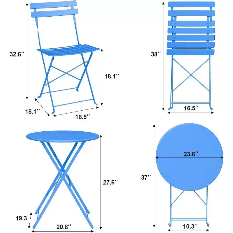 3-Piece Patio Bistro Set with Round Table & 2 Folding Chairs, for Balcony, Garden, Porch  Space-Saving Design (Flat Tube)