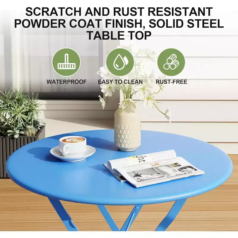 3-Piece Patio Bistro Set with Round Table & 2 Folding Chairs, for Balcony, Garden, Porch  Space-Saving Design (Flat Tube)