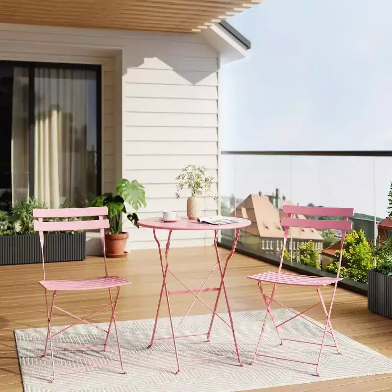3-Piece Patio Bistro Set with Round Table & 2 Folding Chairs, for Balcony, Garden, Porch  Space-Saving Design (Flat Tube)