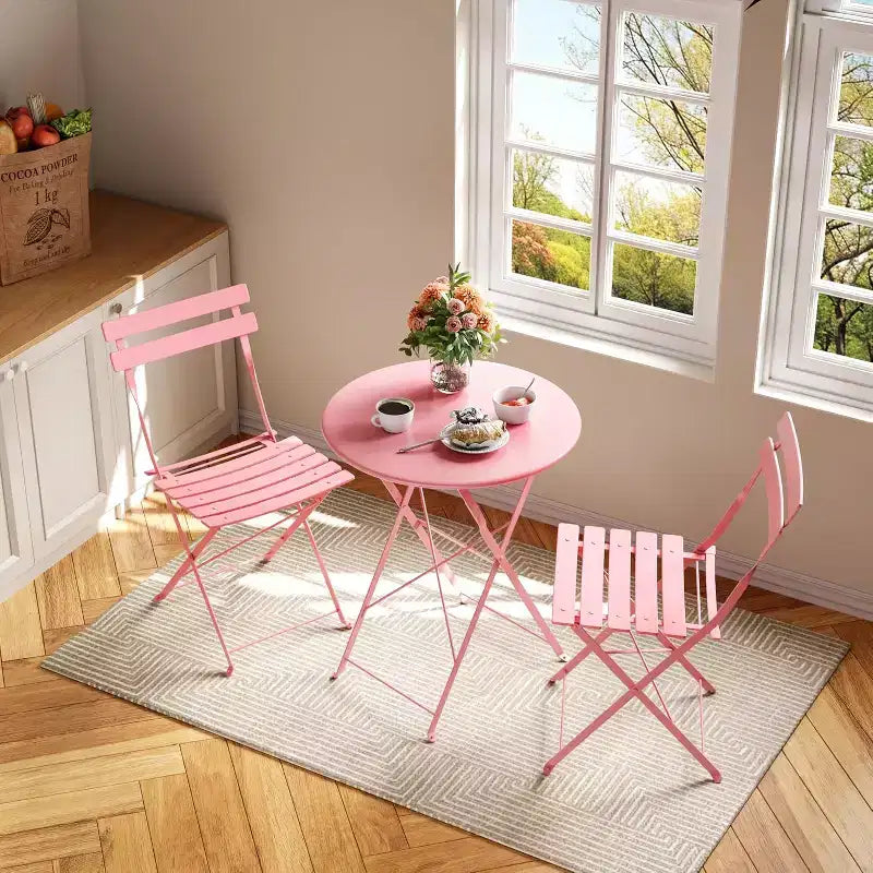 3-Piece Patio Bistro Set with Round Table & 2 Folding Chairs, for Balcony, Garden, Porch  Space-Saving Design (Flat Tube)