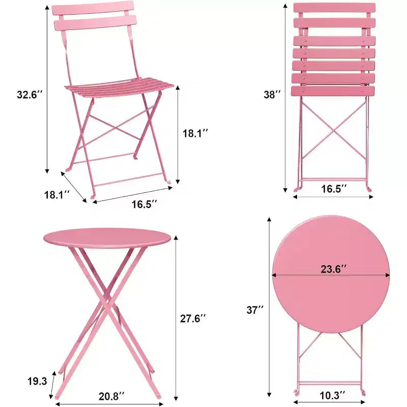 3-Piece Patio Bistro Set with Round Table & 2 Folding Chairs, for Balcony, Garden, Porch  Space-Saving Design (Flat Tube)