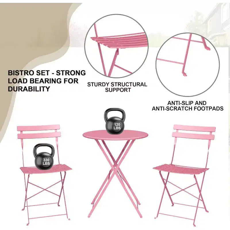 3-Piece Patio Bistro Set with Round Table & 2 Folding Chairs, for Balcony, Garden, Porch  Space-Saving Design (Flat Tube)