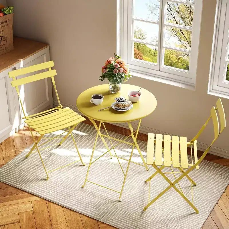 3-Piece Patio Bistro Set with Round Table & 2 Folding Chairs, for Balcony, Garden, Porch  Space-Saving Design (Flat Tube)
