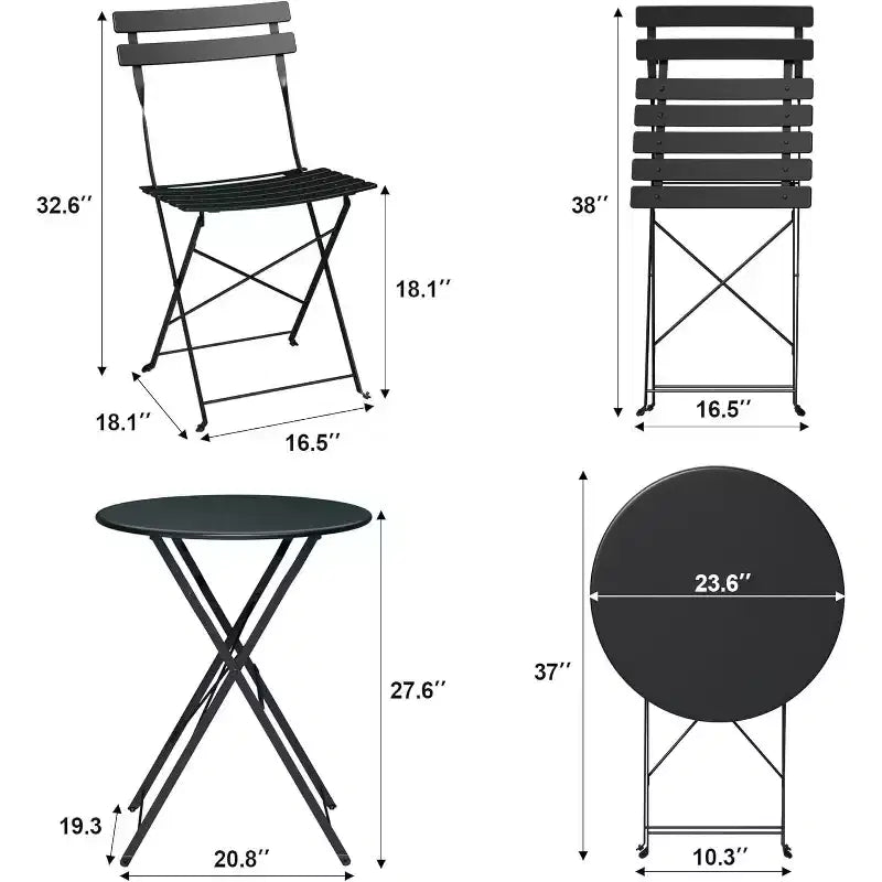3-Piece Patio Bistro Set with Round Table & 2 Folding Chairs, for Balcony, Garden, Porch  Space-Saving Design (Flat Tube)