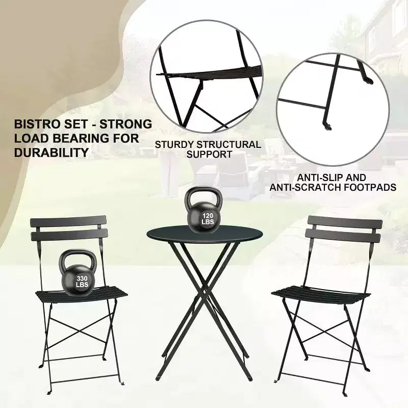 3-Piece Patio Bistro Set with Round Table & 2 Folding Chairs, for Balcony, Garden, Porch  Space-Saving Design (Flat Tube)