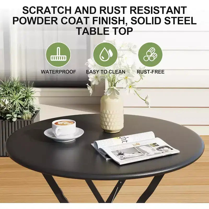 3-Piece Patio Bistro Set with Round Table & 2 Folding Chairs, for Balcony, Garden, Porch  Space-Saving Design (Flat Tube)