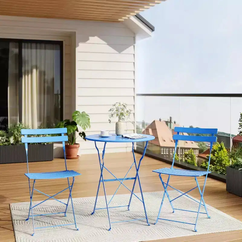 3-Piece Patio Bistro Set with Round Table & 2 Folding Chairs, for Balcony, Garden, Porch  Space-Saving Design (Flat Tube)