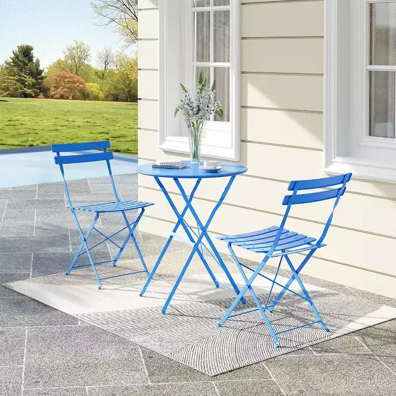 3-Piece Patio Bistro Set with Round Table & 2 Folding Chairs, for Balcony, Garden, Porch  Space-Saving Design (Flat Tube)