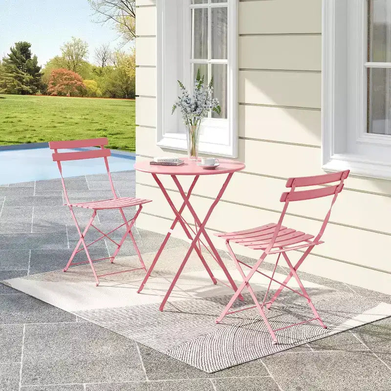 3-Piece Patio Bistro Set with Round Table & 2 Folding Chairs, for Balcony, Garden, Porch  Space-Saving Design (Flat Tube)