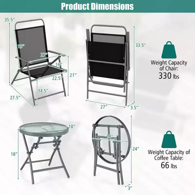 Bestier 3 Piece Patio Bistro Set, Outdoor Folding Chairs with Backrests, Portable Dining Chairs Set with Glass Top Table for Porch, Poolside, Backyard