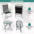 Bestier 3 Piece Patio Bistro Set, Outdoor Folding Chairs with Backrests, Portable Dining Chairs Set with Glass Top Table for Porch, Poolside, Backyard