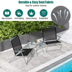 Bestier 3 Piece Patio Bistro Set, Outdoor Folding Chairs with Backrests, Portable Dining Chairs Set with Glass Top Table for Porch, Poolside, Backyard