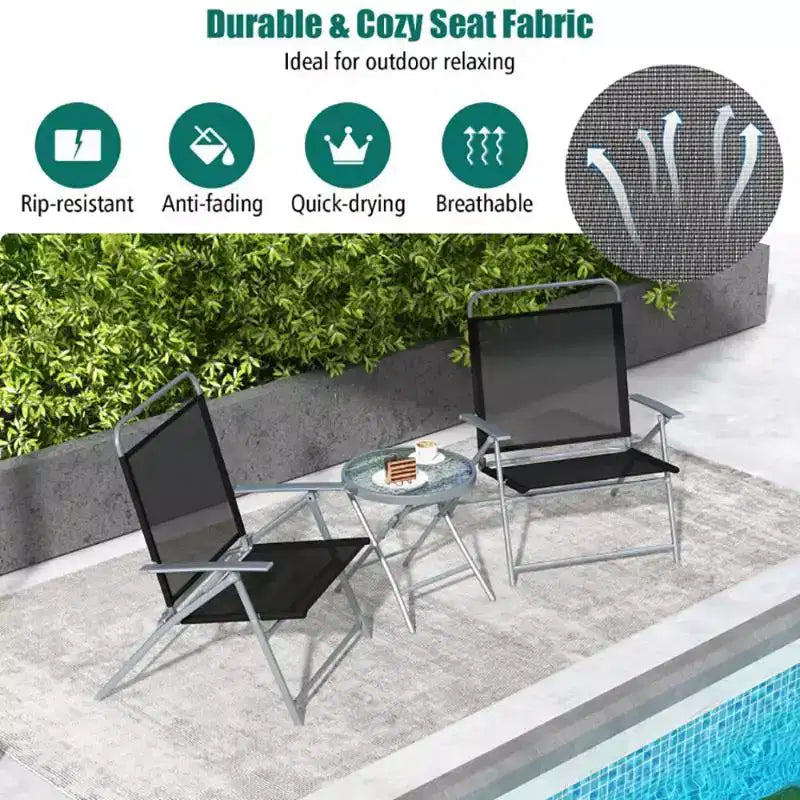 Bestier 3 Piece Patio Bistro Set, Outdoor Folding Chairs with Backrests, Portable Dining Chairs Set with Glass Top Table for Porch, Poolside, Backyard