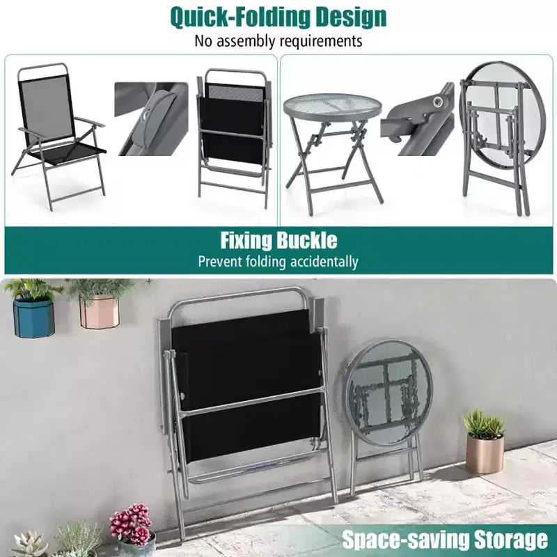 Bestier 3 Piece Patio Bistro Set, Outdoor Folding Chairs with Backrests, Portable Dining Chairs Set with Glass Top Table for Porch, Poolside, Backyard