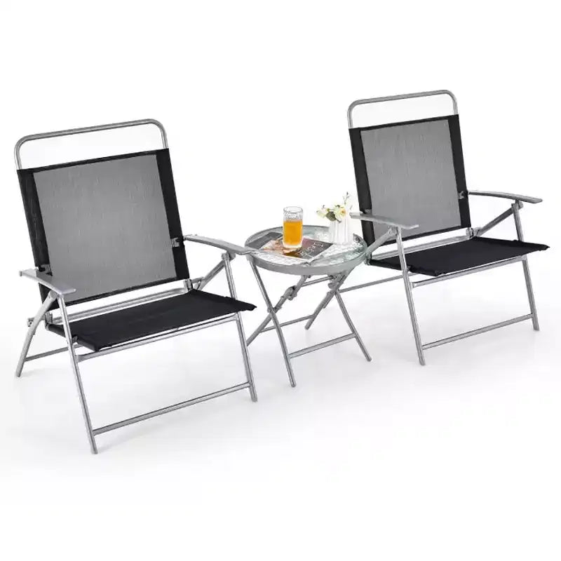 Bestier 3 Piece Patio Bistro Set, Outdoor Folding Chairs with Backrests, Portable Dining Chairs Set with Glass Top Table for Porch, Poolside, Backyard