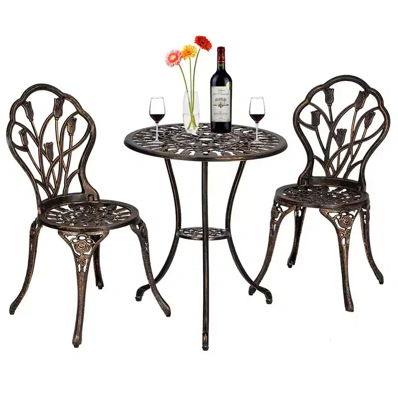 TROPOW Antique Bronze Cast Aluminum Bistro Set 3 Piece Ornate Garden Table & Lattice Chairs with Tulip Motifs