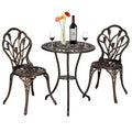 TROPOW Antique Bronze Cast Aluminum Bistro Set 3 Piece Ornate Garden Table & Lattice Chairs with Tulip Motifs