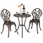 TROPOW Antique Bronze Cast Aluminum Bistro Set 3 Piece Ornate Garden Table & Lattice Chairs with Tulip Motifs