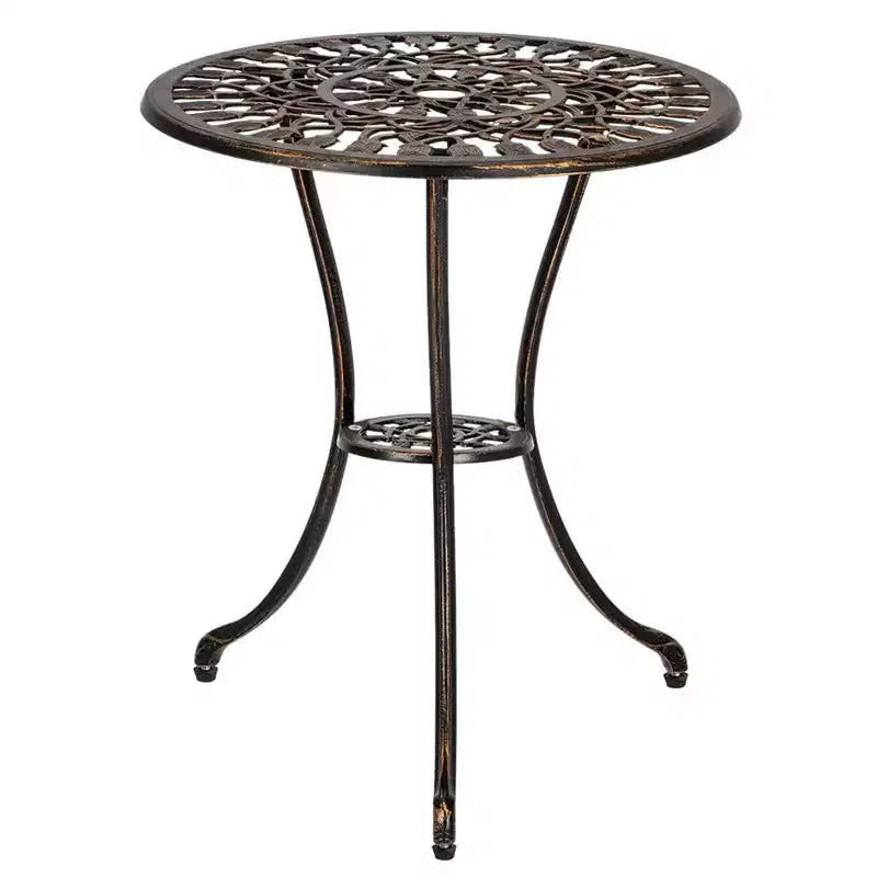TROPOW Antique Bronze Cast Aluminum Bistro Set 3 Piece Ornate Garden Table & Lattice Chairs with Tulip Motifs