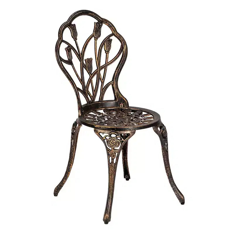 TROPOW Antique Bronze Cast Aluminum Bistro Set 3 Piece Ornate Garden Table & Lattice Chairs with Tulip Motifs