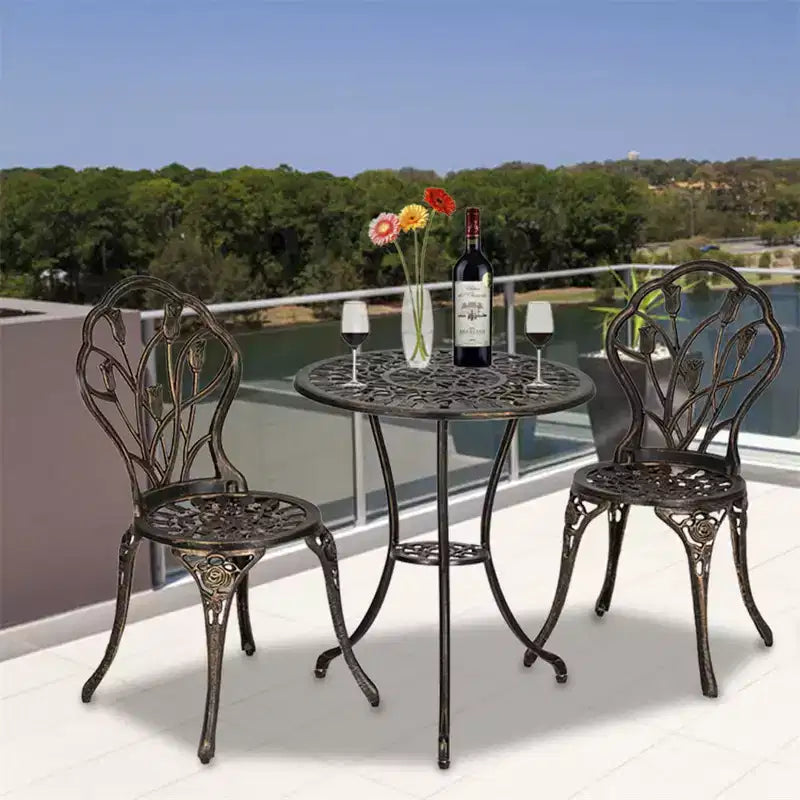 TROPOW Antique Bronze Cast Aluminum Bistro Set 3 Piece Ornate Garden Table & Lattice Chairs with Tulip Motifs