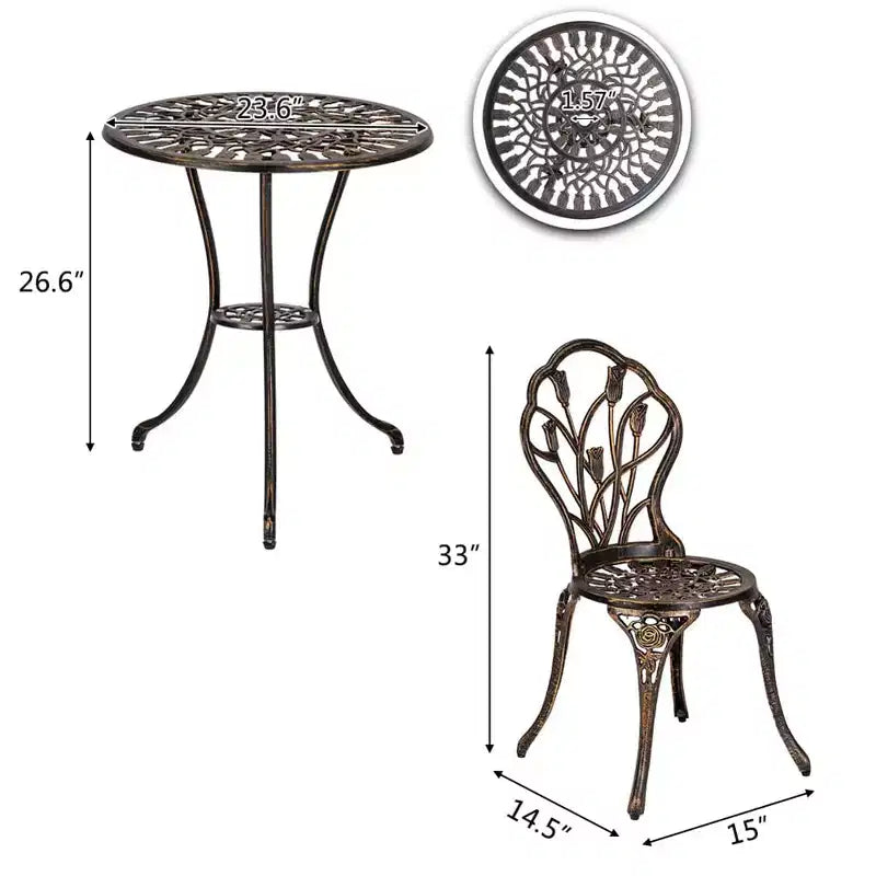 TROPOW Antique Bronze Cast Aluminum Bistro Set 3 Piece Ornate Garden Table & Lattice Chairs with Tulip Motifs