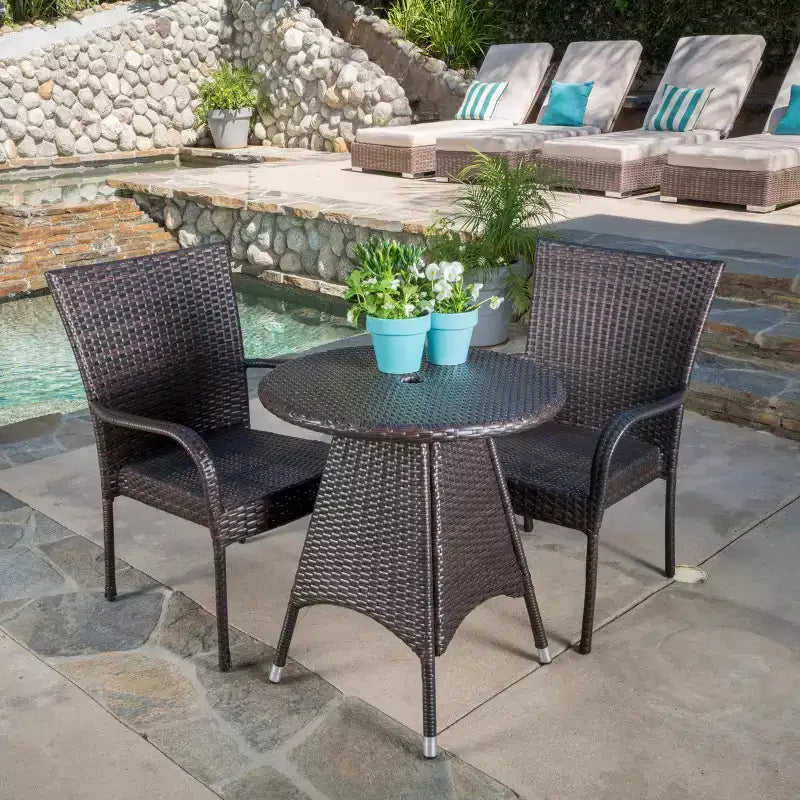GDFStudio Nyanza Outdoor Wicker 3 Piece Bistro Set with Umbrella Hole