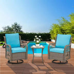 3 Piece Outdoor Patio Set, Wicker Rocking Bistro Set with 2 Swivel Chairs & Tempered Glass Top Table, for Patio Porch Backyard