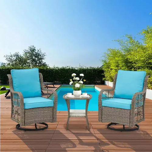 3 Piece Outdoor Patio Set, Wicker Rocking Bistro Set with 2 Swivel Chairs & Tempered Glass Top Table, for Patio Porch Backyard