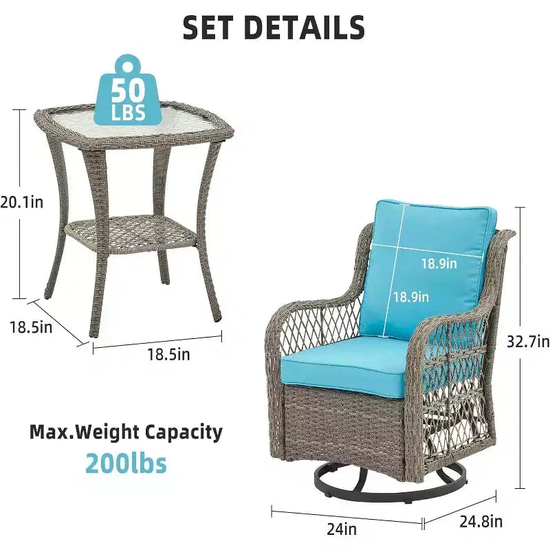 3 Piece Outdoor Patio Set, Wicker Rocking Bistro Set with 2 Swivel Chairs & Tempered Glass Top Table, for Patio Porch Backyard