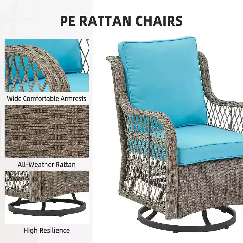 3 Piece Outdoor Patio Set, Wicker Rocking Bistro Set with 2 Swivel Chairs & Tempered Glass Top Table, for Patio Porch Backyard