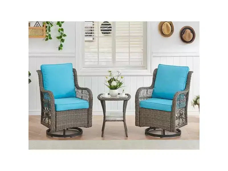 3 Piece Outdoor Patio Set, Wicker Rocking Bistro Set with 2 Swivel Chairs & Tempered Glass Top Table, for Patio Porch Backyard