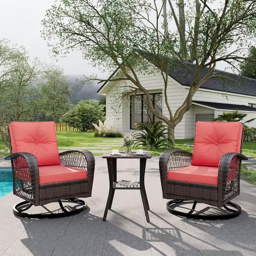 3-Piece Swivel Rocking Patio Chairs Set with 2 360-Degree Swivel Rocking Chairs and Tempered Glass Table, Bistro Set With Thickened Cushions