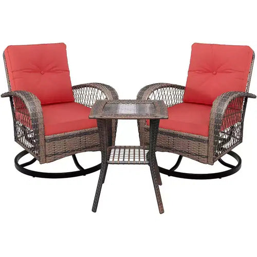 3-Piece Swivel Rocking Patio Chairs Set with 2 360-Degree Swivel Rocking Chairs and Tempered Glass Table, Bistro Set With Thickened Cushions