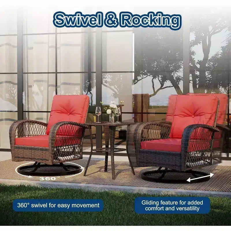 3-Piece Swivel Rocking Patio Chairs Set with 2 360-Degree Swivel Rocking Chairs and Tempered Glass Table, Bistro Set With Thickened Cushions