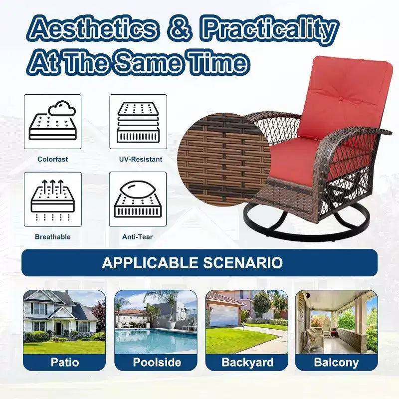 3-Piece Swivel Rocking Patio Chairs Set with 2 360-Degree Swivel Rocking Chairs and Tempered Glass Table, Bistro Set With Thickened Cushions
