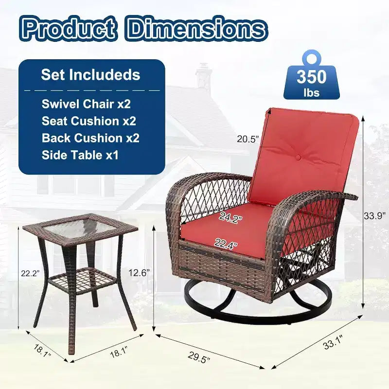 3-Piece Swivel Rocking Patio Chairs Set with 2 360-Degree Swivel Rocking Chairs and Tempered Glass Table, Bistro Set With Thickened Cushions